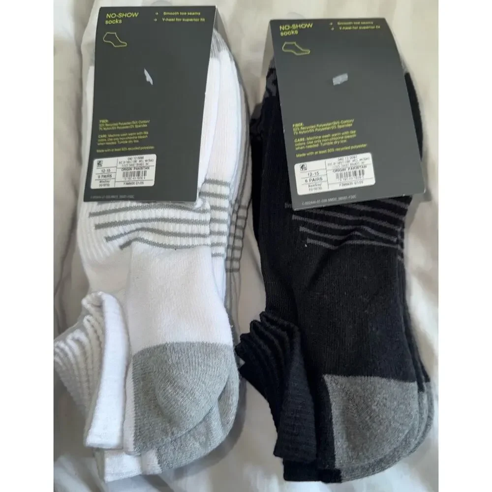 2 Pack All In Motion No Show Socks Mens 12-15 Black White 6 Pair Big & Tal - Picture 2 of 5